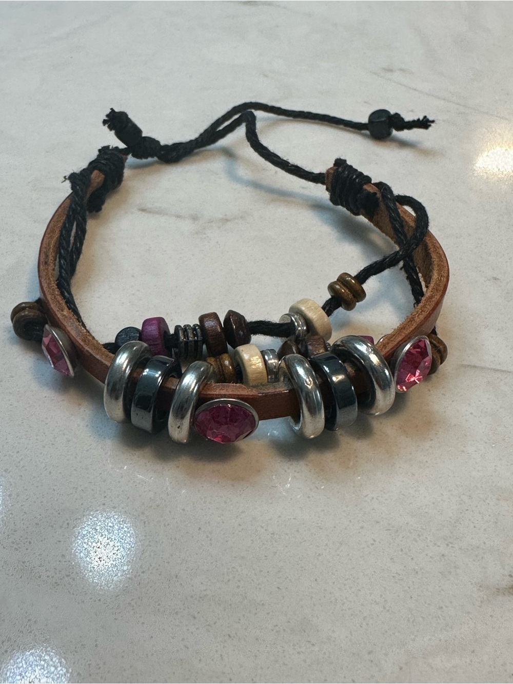 Boho Leather Bracelet with Pink Crystal Accents, Tribal Impressions